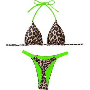 Floerns Women's 2 Piece Cheetah Print Bikini Set Halter String High Waist Thong Bathing Suits
