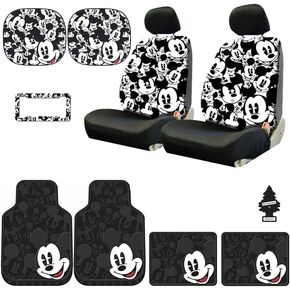 Disney Mickey Mouse Design Low Back Car Seat Covers Spring Shades Floor Mats License Plate Frame Accessories Set with Air Freshener