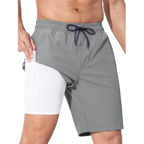 SILKWORLD Mens Swim Trunks with Compression Liner Quick Dry 9" Bathing Suit Summer Beach Swimming Shorts with Zip Pockets