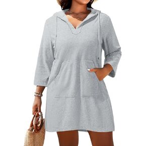 Daci Plus Size Women Terry Cloth Swimsuit Cover Up Long Sleeve Beach Bathing Suit Coverup Hooded Cotton Swim with Pockets
