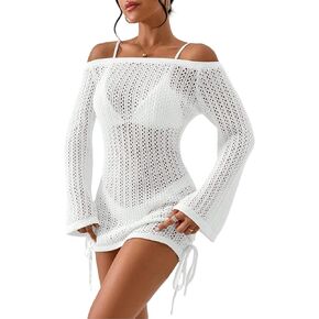 SISKIN Women's Bathing Suit Beach Cover Up Crochet Knit Tops Mesh Hollow Out Dress Drawstring Without Sexy Bikini