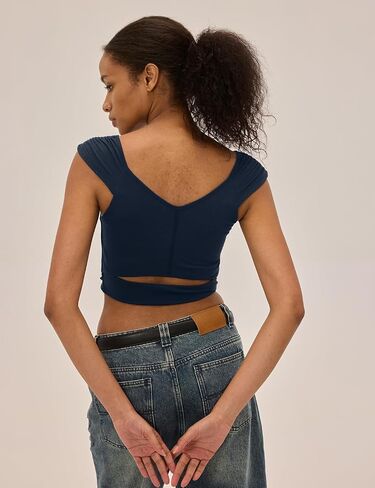 Workout Tops for Women Open Back Crop Tank Tops Cute Pleated V Neck Athletic Gym Yoga T Shirts Going Out Outfits in Saudi Arabia