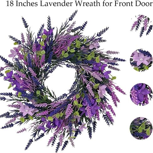 18 Inch Purple Lavender Wreath for Front Door, No Withering Artificial Lavender Wreath for All Seasons, Elegant Decoration for Farmhouse Home Window Wall Office Wedding Indoor Outdoor in Saudi Arabia
