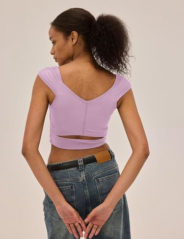 Workout Tops for Women Open Back Crop Tank Tops Cute Pleated V Neck Athletic Gym Yoga T Shirts Going Out Outfits in Saudi Arabia