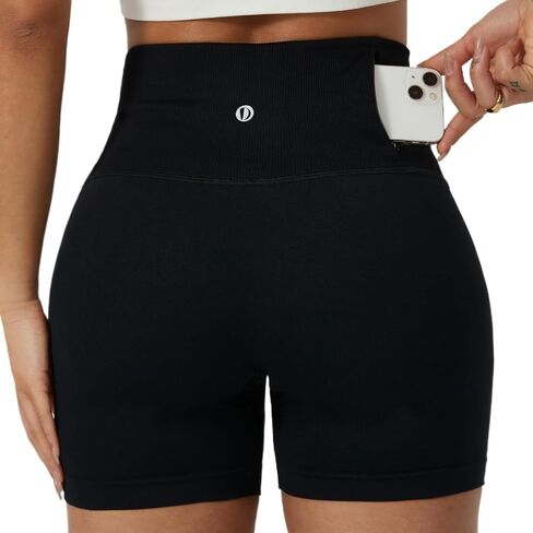 Women Ribbed High-Waisted Workout Biker Shorts with Waterproof Zipper Pockets 4.5" Seamless No Roll Up Gym Shorts in Saudi Arabia
