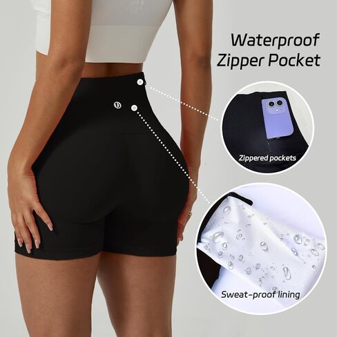 Women Ribbed High-Waisted Workout Biker Shorts with Waterproof Zipper Pockets 4.5" Seamless No Roll Up Gym Shorts in Saudi Arabia