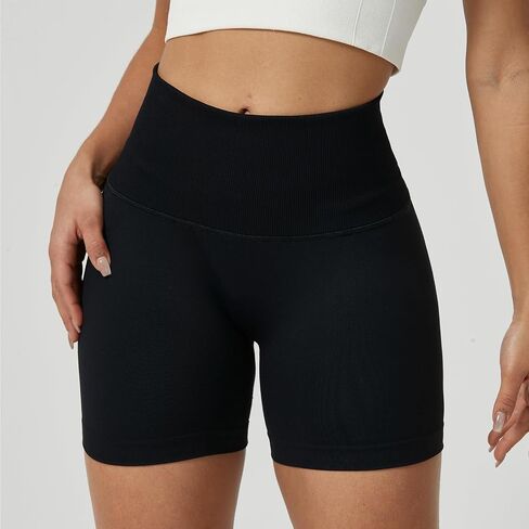 Women Ribbed High-Waisted Workout Biker Shorts with Waterproof Zipper Pockets 4.5" Seamless No Roll Up Gym Shorts in Saudi Arabia