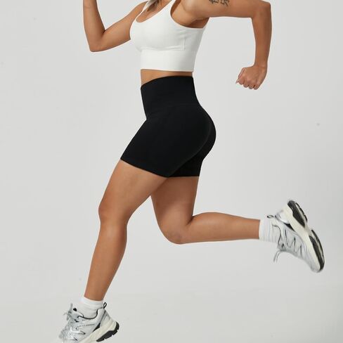 Women Ribbed High-Waisted Workout Biker Shorts with Waterproof Zipper Pockets 4.5" Seamless No Roll Up Gym Shorts in Saudi Arabia