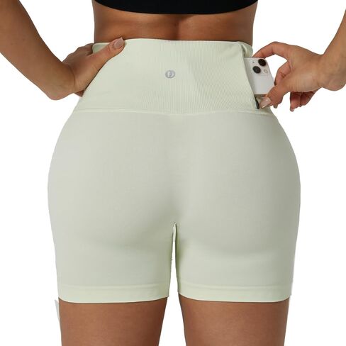 Women Ribbed High-Waisted Workout Biker Shorts with Waterproof Zipper Pockets 4.5" Seamless No Roll Up Gym Shorts in Saudi Arabia