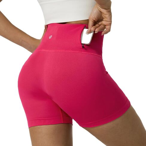Women Ribbed High-Waisted Workout Biker Shorts with Waterproof Zipper Pockets 4.5" Seamless No Roll Up Gym Shorts in Saudi Arabia