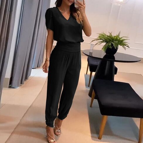 النساء غير الرسمي 2 قطعة الطباعة طباعة الأكمام القصيرة قمم Vneck وسروال طويل مجموعات ملابس صيفية لطيف in Kuwait