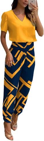 النساء غير الرسمي 2 قطعة الطباعة طباعة الأكمام القصيرة قمم Vneck وسروال طويل مجموعات ملابس صيفية لطيف in Kuwait