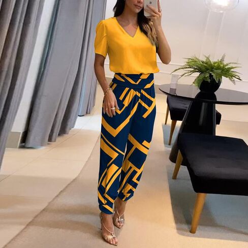 النساء غير الرسمي 2 قطعة الطباعة طباعة الأكمام القصيرة قمم Vneck وسروال طويل مجموعات ملابس صيفية لطيف in Kuwait