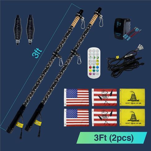 2 Pack 3ft LED Whip Lights with Spring Base, APP & Wireless Remote, UTV Whip Lights for ATV, Spiral RGB Chasing Lighted Whips with Rocker Switch for RZR Can-Am SXS Polaris Offroad Truck in Saudi Arabia