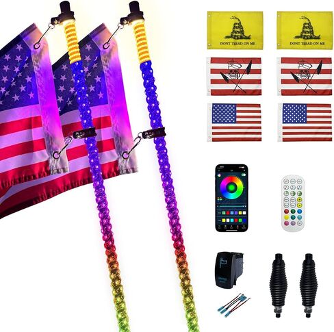 2 Pack 3ft LED Whip Lights with Spring Base, APP & Wireless Remote, UTV Whip Lights for ATV, Spiral RGB Chasing Lighted Whips with Rocker Switch for RZR Can-Am SXS Polaris Offroad Truck in Saudi Arabia