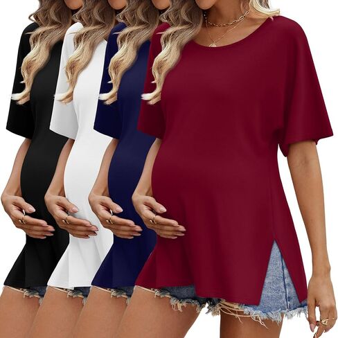 4 Pack Women's Maternity Shirts Short Sleeve 35% Cotton Side Split Pregnancy Tops Casual Summer Clothes Multipack in Saudi Arabia