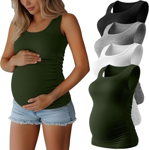 Ficerd 4 Pack Women's Maternity Tank Tops, Side Ruch Sleeveless Cotton Pregnancy Shirts Casual Ribbed Basic Maternity Clothes in Saudi Arabia