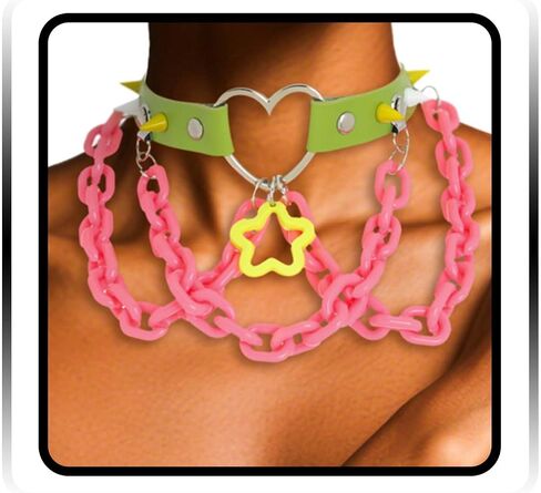 Navoky Punk Leather Multicolor Choker Gothic Necklace Colorful Studded Rivets Acrylic Chain Star Pendant Collar for Women and Girls in Saudi Arabia