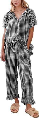 Flygo Womens Plaid 2 Piece Pajamas Sets Gingham Button Down Puff Sleeve Babydoll Shirt Ruffle Pants Y2K Pjs Lounge Set in Kuwait