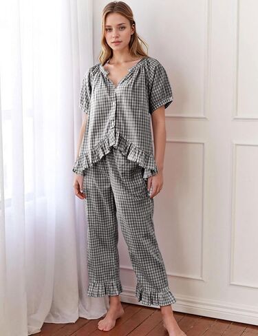 Flygo Womens Plaid 2 Piece Pajamas Sets Gingham Button Down Puff Sleeve Babydoll Shirt Ruffle Pants Y2K Pjs Lounge Set in Kuwait