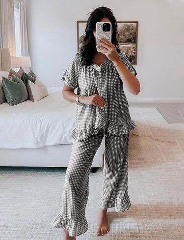 Flygo Womens Plaid 2 Piece Pajamas Sets Gingham Button Down Puff Sleeve Babydoll Shirt Ruffle Pants Y2K Pjs Lounge Set in Kuwait