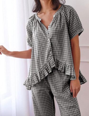 Flygo Womens Plaid 2 Piece Pajamas Sets Gingham Button Down Puff Sleeve Babydoll Shirt Ruffle Pants Y2K Pjs Lounge Set in Kuwait