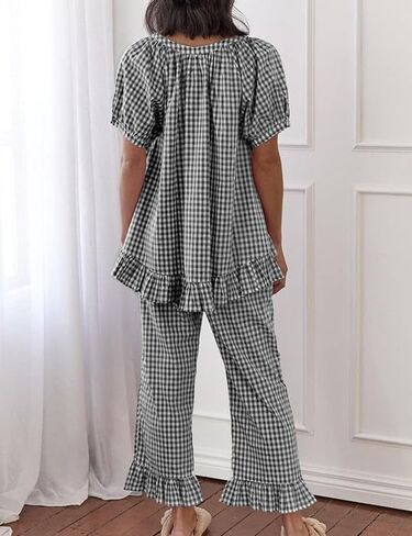 Flygo Womens Plaid 2 Piece Pajamas Sets Gingham Button Down Puff Sleeve Babydoll Shirt Ruffle Pants Y2K Pjs Lounge Set in Kuwait