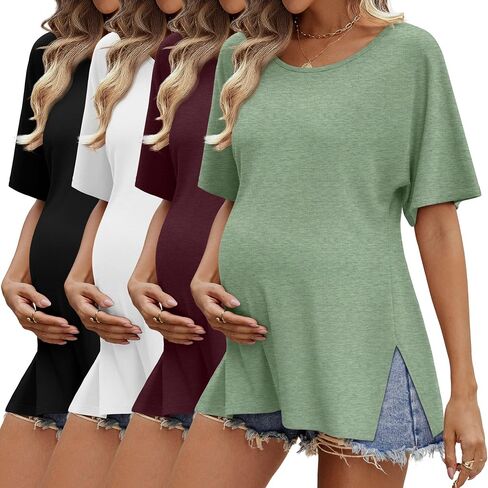 4 Pack Women's Maternity Shirts Short Sleeve 35% Cotton Side Split Pregnancy Tops Casual Summer Clothes Multipack in Saudi Arabia