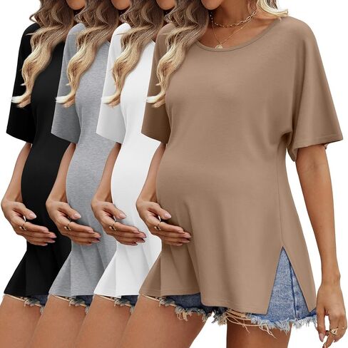 4 Pack Women's Maternity Shirts Short Sleeve 35% Cotton Side Split Pregnancy Tops Casual Summer Clothes Multipack in Saudi Arabia