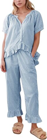 Flygo Womens Plaid 2 Piece Pajamas Sets Gingham Button Down Puff Sleeve Babydoll Shirt Ruffle Pants Y2K Pjs Lounge Set in Kuwait