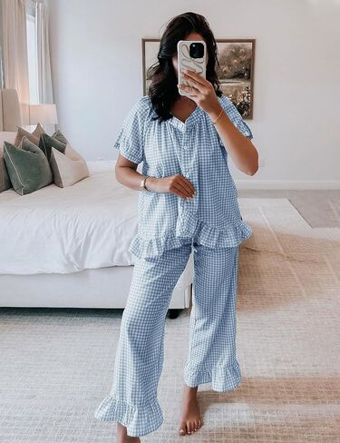 Flygo Womens Plaid 2 Piece Pajamas Sets Gingham Button Down Puff Sleeve Babydoll Shirt Ruffle Pants Y2K Pjs Lounge Set in Kuwait