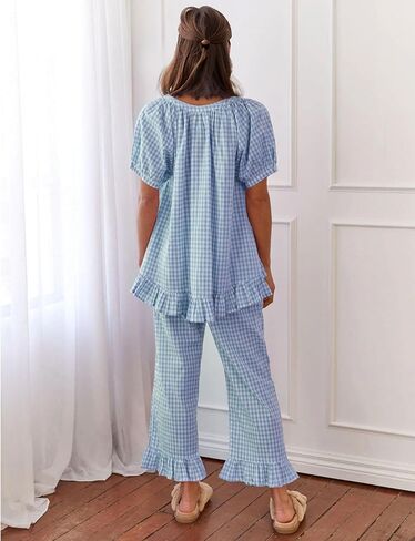 Flygo Womens Plaid 2 Piece Pajamas Sets Gingham Button Down Puff Sleeve Babydoll Shirt Ruffle Pants Y2K Pjs Lounge Set in Kuwait