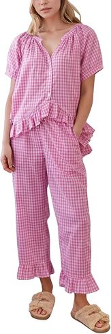 Flygo Womens Plaid 2 Piece Pajamas Sets Gingham Button Down Puff Sleeve Babydoll Shirt Ruffle Pants Y2K Pjs Lounge Set in Kuwait