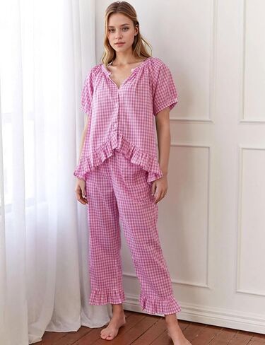 Flygo Womens Plaid 2 Piece Pajamas Sets Gingham Button Down Puff Sleeve Babydoll Shirt Ruffle Pants Y2K Pjs Lounge Set in Kuwait