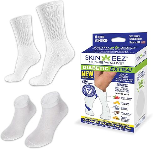 Skineez Skincarewear Hydrating Diabetic Socks, Non-Binding, Ultra-Soft Fabric Clinically Proven to Heal and Improve Skin Condition, White, Small/Medium, 2 Pairs (Crew & Ankle Socks) in Kuwait