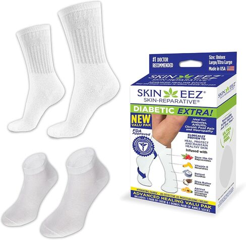 Skineez Skincarewear Hydrating Diabetic Socks, Non-Binding, Ultra-Soft Fabric Clinically Proven to Heal and Improve Skin Condition, White, Small/Medium, 2 Pairs (Crew & Ankle Socks) in Kuwait