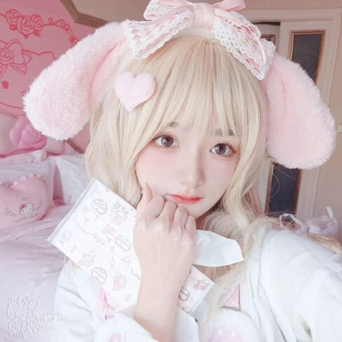 Cute Headbands for Young Girls - White Fluffy Ears Head Band with Pink Lace Bow, for Cosplay Halloween Prom, JK Outfit, Outdoor Active - Kawaii Hairband as Girl Gifts of Christmas Thanksgiving in Saudi Arabia