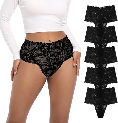 High Waisted Lace Thongs Panties For Women Plus Size Retro Thong High Rise Lacy Underwear Pack 5 Size S-4XL in Kuwait