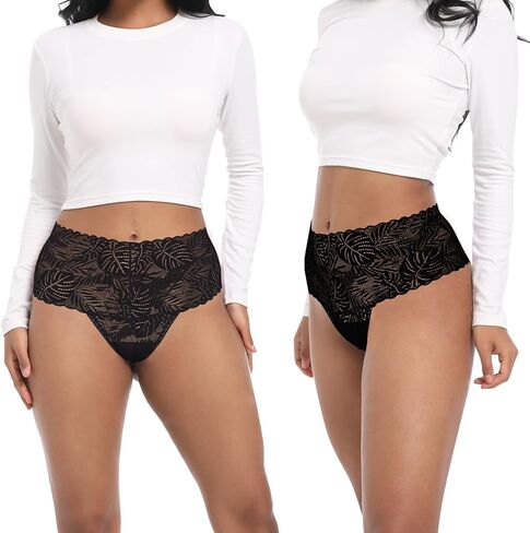 High Waisted Lace Thongs Panties For Women Plus Size Retro Thong High Rise Lacy Underwear Pack 5 Size S-4XL in Kuwait