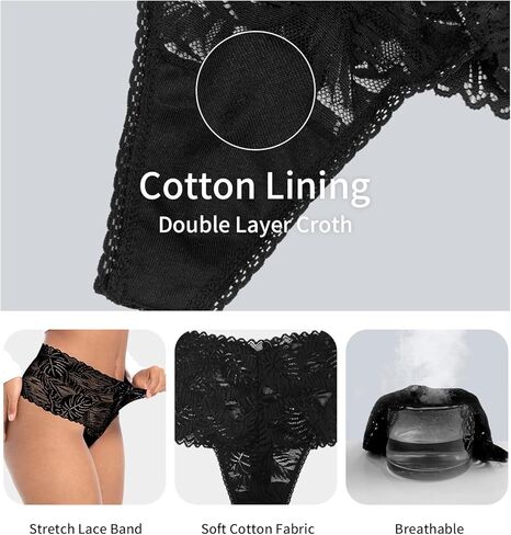 High Waisted Lace Thongs Panties For Women Plus Size Retro Thong High Rise Lacy Underwear Pack 5 Size S-4XL in Kuwait
