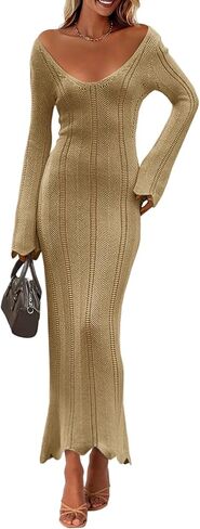 Saodimallsu Womens crochet Maxi Dress Bell Long Longe Sexy v Neck Bodycon Dressions Houses Heach Swim Cover Up in Kuwait