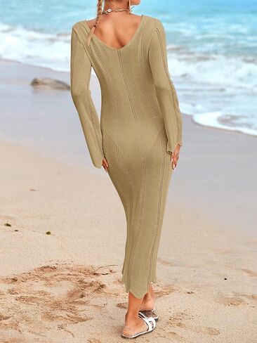 Saodimallsu Womens crochet Maxi Dress Bell Long Longe Sexy v Neck Bodycon Dressions Houses Heach Swim Cover Up in Kuwait