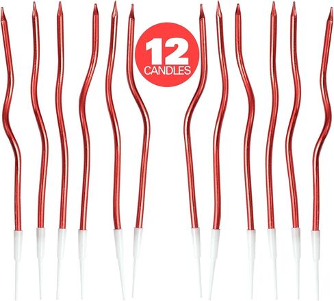 12 COUNT RED SPORAL METALLIC TIRMALLES ، شموع كعكة ، حفلات أعياد الميلاد ، حفل زفاف ، شموع حلزونية ، شموع عيد ميلاد ذهبية in Kuwait