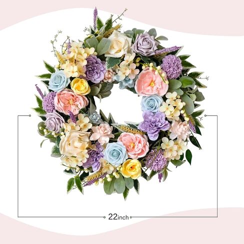TEMPUS Spring Summer Wreath for Front Door 22 Inch Artificial Floral Wreath with Roses Peonies Hydrangeas Leaves for Door Wall Decoration Wedding Party Home Farmhouse Decoration in Saudi Arabia