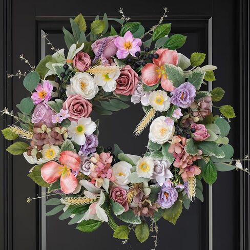 TEMPUS Spring Summer Wreath for Front Door 22 Inch Artificial Floral Wreath with Roses Peonies Hydrangeas Leaves for Door Wall Decoration Wedding Party Home Farmhouse Decoration in Saudi Arabia