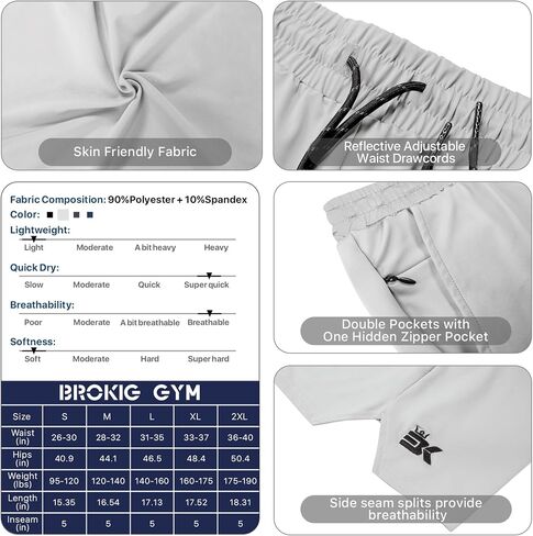 BROKIG Men's Inzip Lightweight Gym Workout Shorts,5 Inch Fitted Athletic Lifting Bodybuilding Shorts with Zipper Pockets in Saudi Arabia