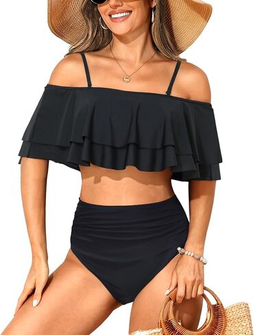 Tempt Me Women Two Piece High Waisted Bikini Set Swimsuit Off Shoulder Ruffle Bathing Suits Tummy Control Ruched Swimwear in Saudi Arabia