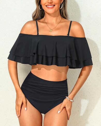 Tempt Me Women Two Piece High Waisted Bikini Set Swimsuit Off Shoulder Ruffle Bathing Suits Tummy Control Ruched Swimwear in Saudi Arabia