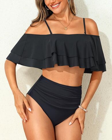 Tempt Me Women Two Piece High Waisted Bikini Set Swimsuit Off Shoulder Ruffle Bathing Suits Tummy Control Ruched Swimwear in Saudi Arabia
