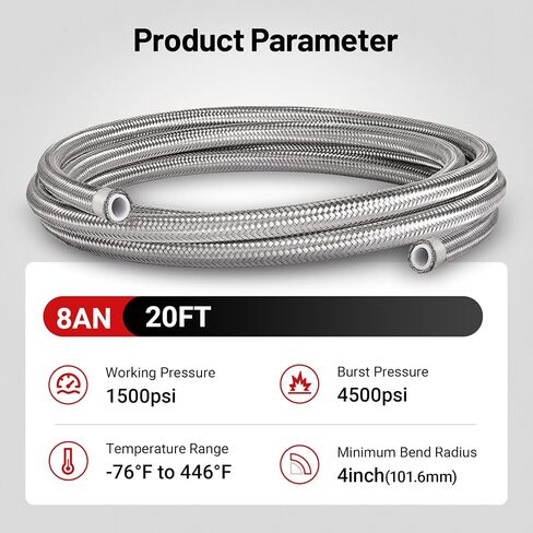 Evil Energy 8an PTFE FUEL LINE KIT ، E85 من الفولاذ المقاوم للصدأ ، خرطوم الوقود مضفر 20 قدمًا (معرف 0.39 بوصة) in Kuwait
